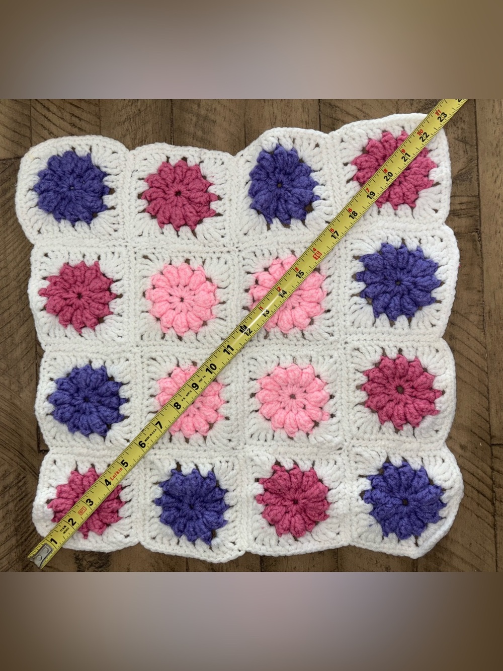 Handmade White Crochet Granny Square with Pink and Purple Flower Center